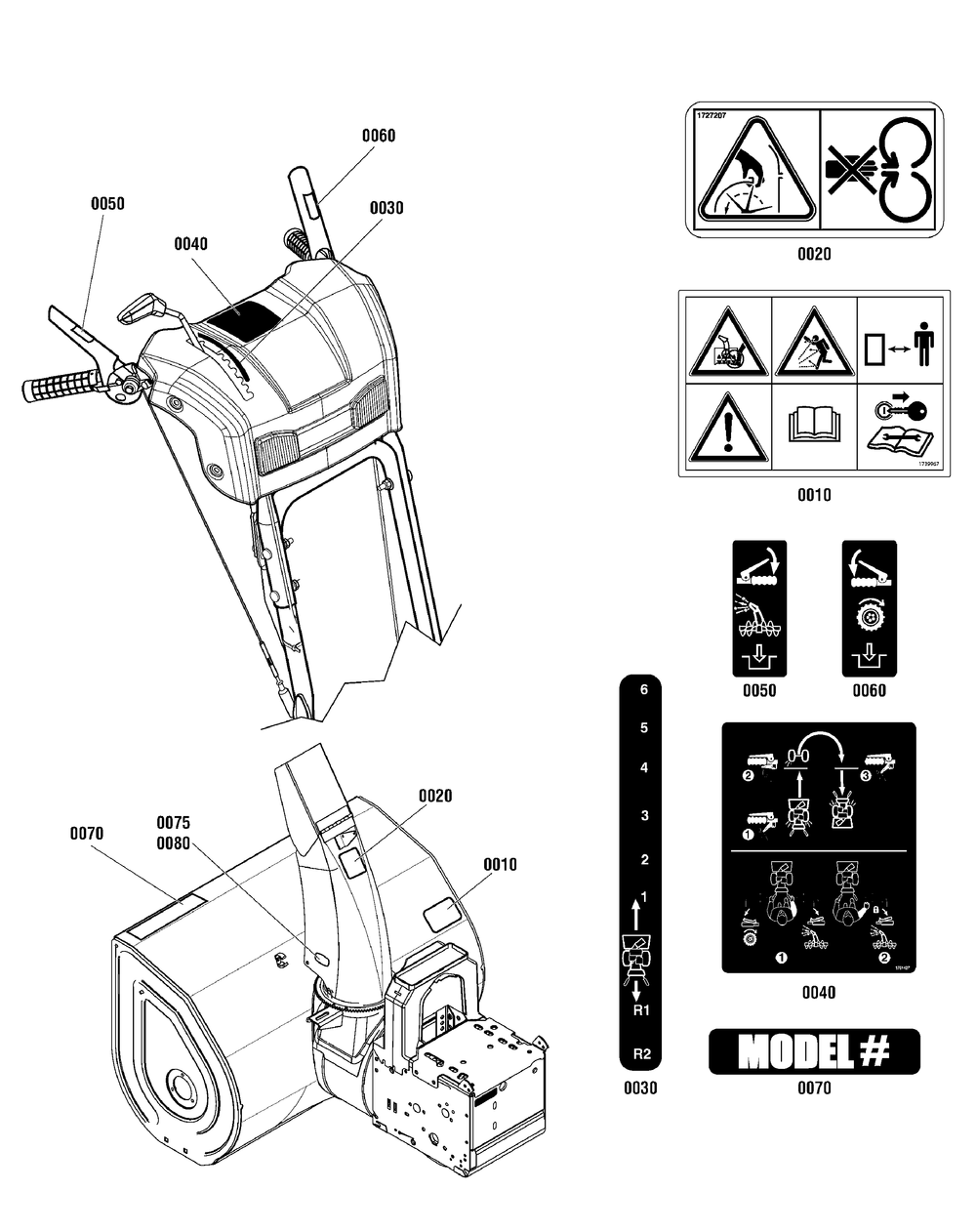 Decals Group Diagram and Parts List for 1696257-01-BP2132SE  Briggs and Stratton Snow Blower